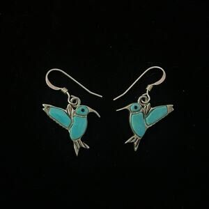 Vintage Hummingbird Turquoise and Marked 925 Sterling Silver ML Dangle Earrings